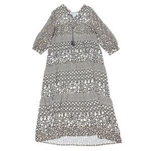 J MCLAUGHLIN Hortense Cottagecore Tiered Midi Dress Black Cream Boho Print XL